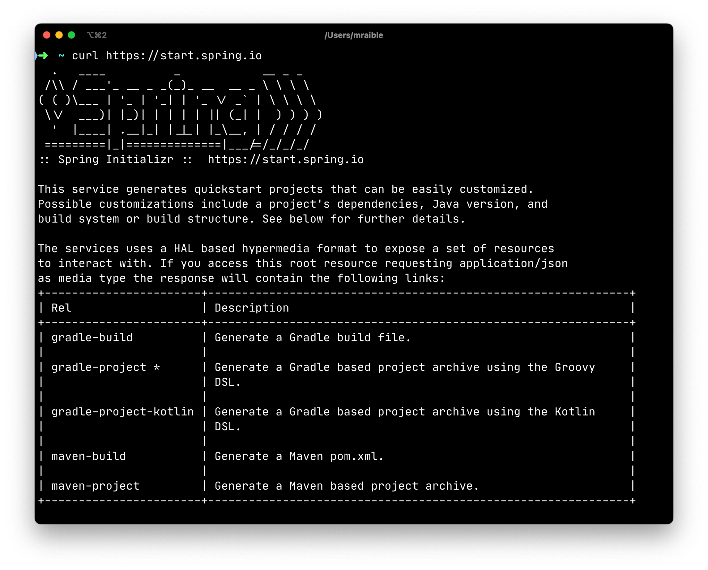 Spring Initializr via `curl`